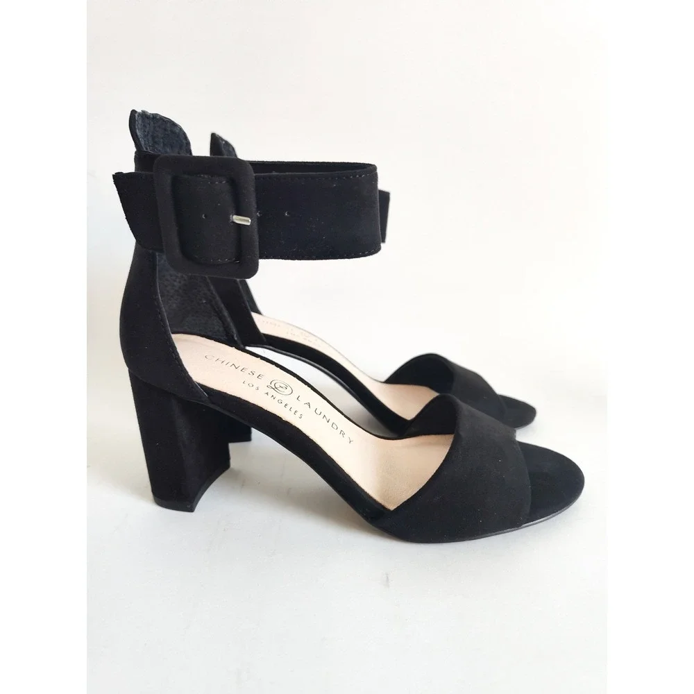 New Chinese Laundry Sandals 6.5 Black Block Heel Ankle Strap Buckle Minimalist